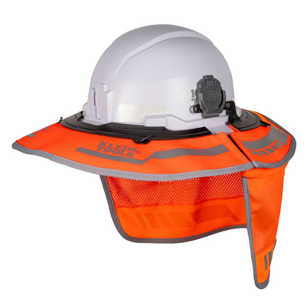 White hard hat with orange neck guard on a white background