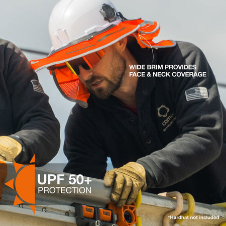 Worker wearing a hard hat with an orange visor, sunglasses, and gloves, working on a construction site.