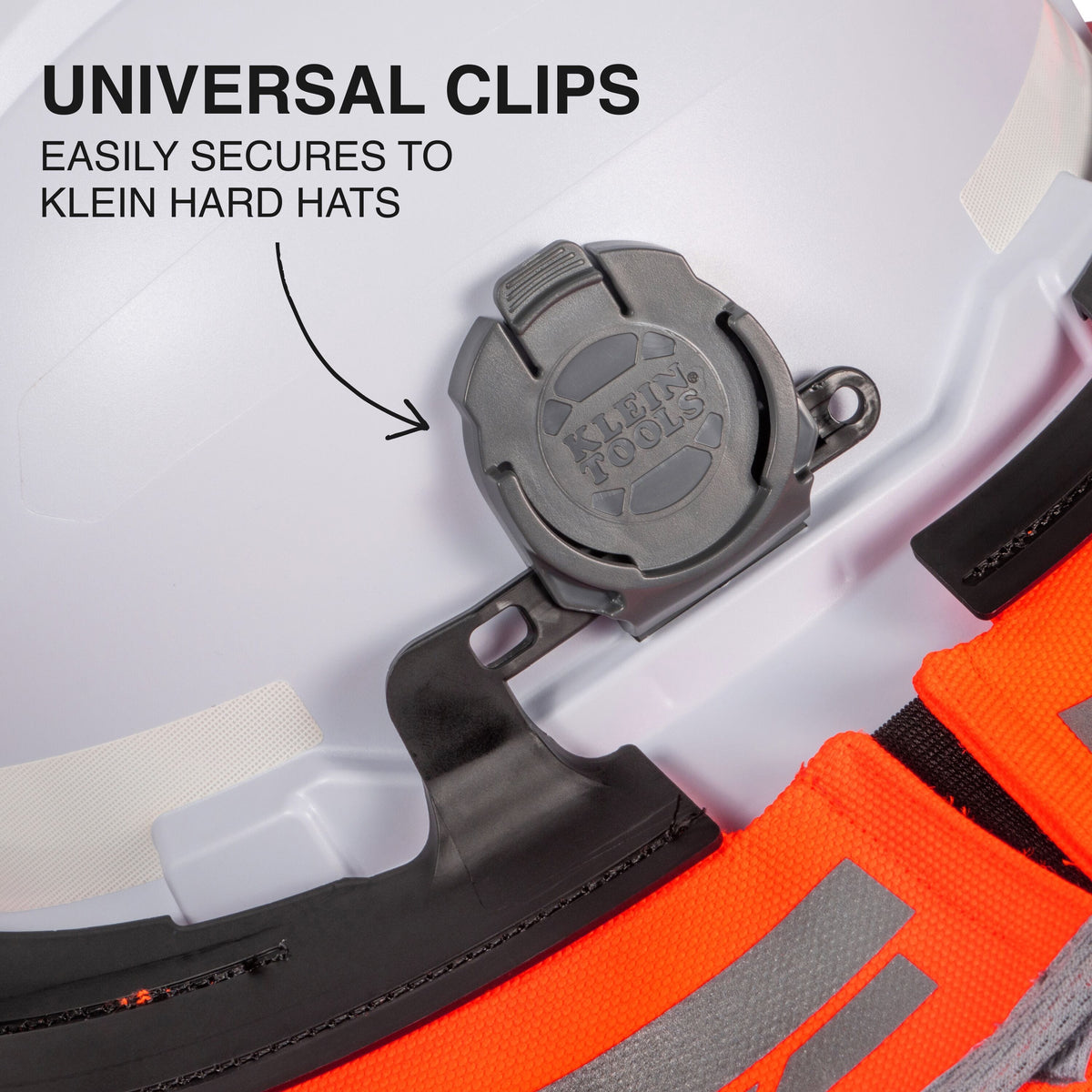 Klein Tools hard hat with a universal clip attachment on a white background