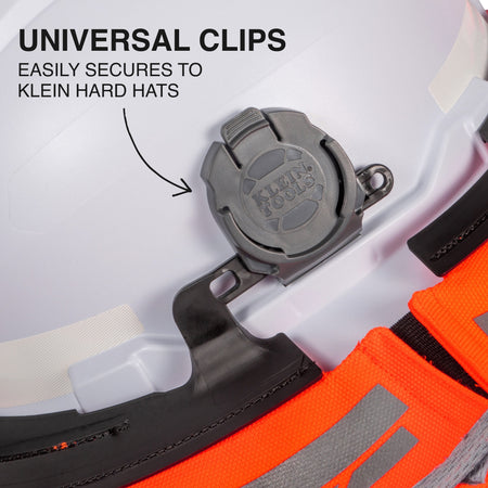 Klein Tools hard hat with a universal clip attachment on a white background