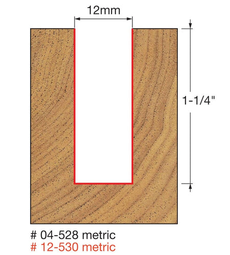 Technical diagram showing a cross-section of a wood cut, indicating a slot width of 1/4 inch and a cutting depth of 1 inch for model numbers 04-108 and 04-110.