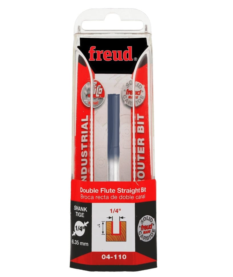 Retail packaging for the Freud 04-110 Double Flute Straight Bit, featuring the tool in a clear blister pack and highlighting the 1/4 inch diameter and 1 inch cutting depth.