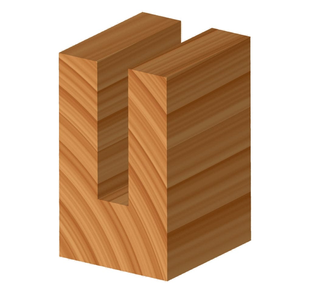 3D computer graphic showing a block of wood with a narrow square channel groove cut into the top surface, illustrating the profile created by the straight bit.