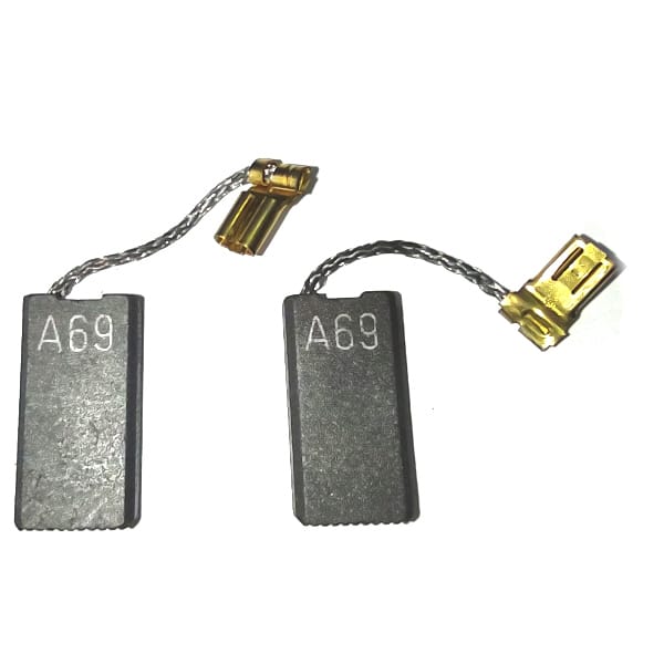 Two replacement electric brush carbon brushes with gray metal bodies, white printed 'A69' text, and gold-colored copper contacts on a white background.