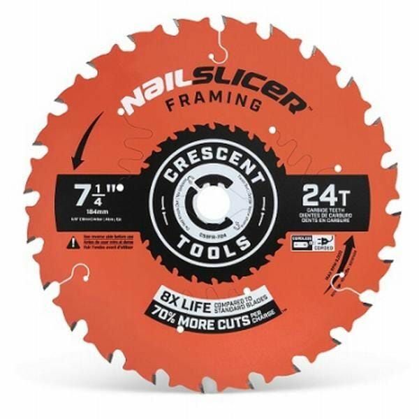 A detailed view of a single Crescent NailSlicer 7-1/4 inch framing saw blade, highlighting the 24-tooth count and its key benefits of 8X longer life and 70% more cuts per charge printed on the blade.