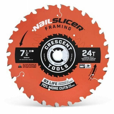 A detailed view of a single Crescent NailSlicer 7-1/4 inch framing saw blade, highlighting the 24-tooth count and its key benefits of 8X longer life and 70% more cuts per charge printed on the blade.
