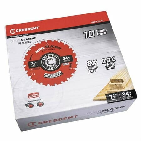 The retail packaging for the Crescent NailSlicer 10-pack of framing saw blades. The box highlights the product's key benefits, including 8X longer blade life and 70% more cuts per charge.