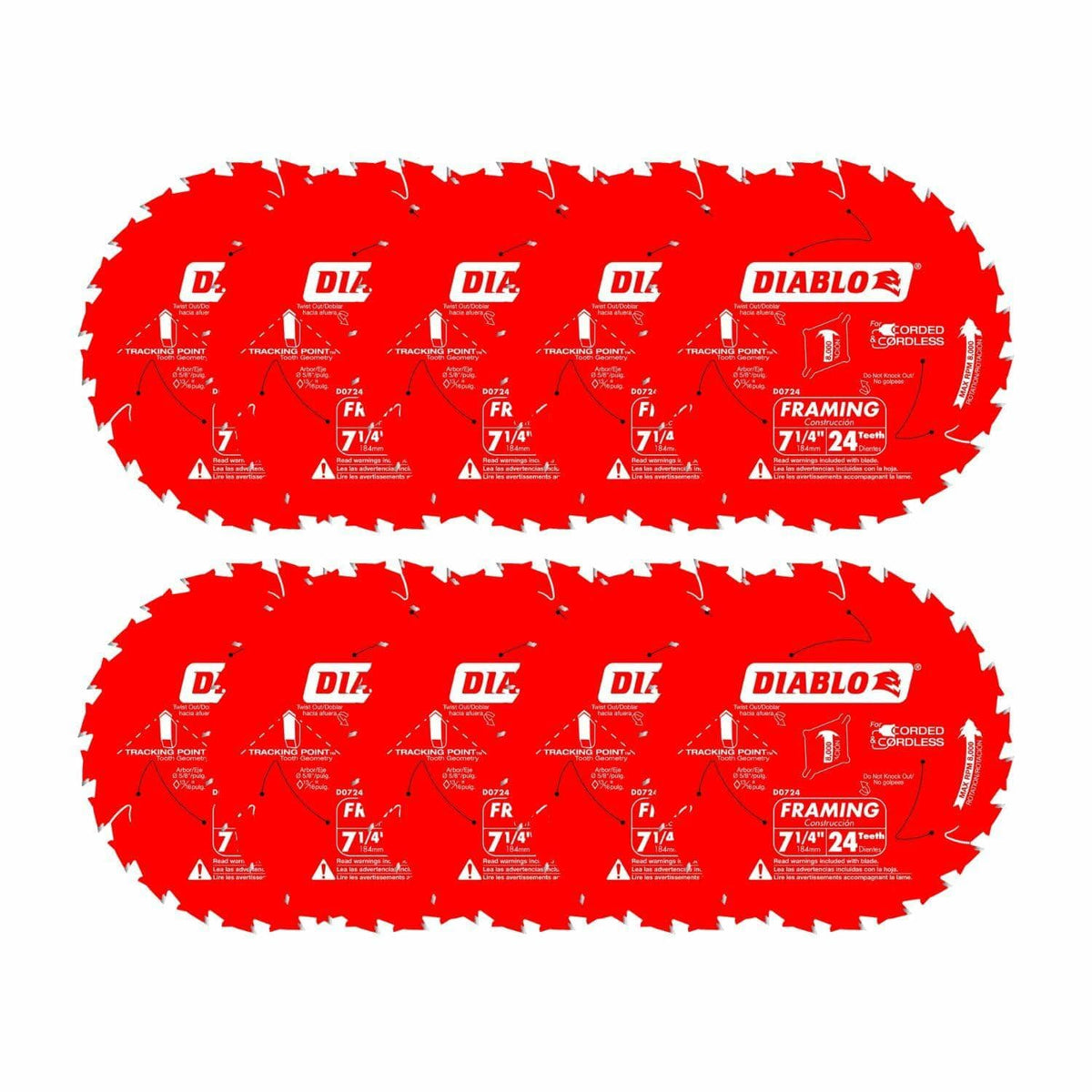  An arrangement of ten Diablo 7-1/4 inch framing saw blades, illustrating the contents of the 10-pack. The blades are labeled for framing and feature the Tracking Point tooth design.
