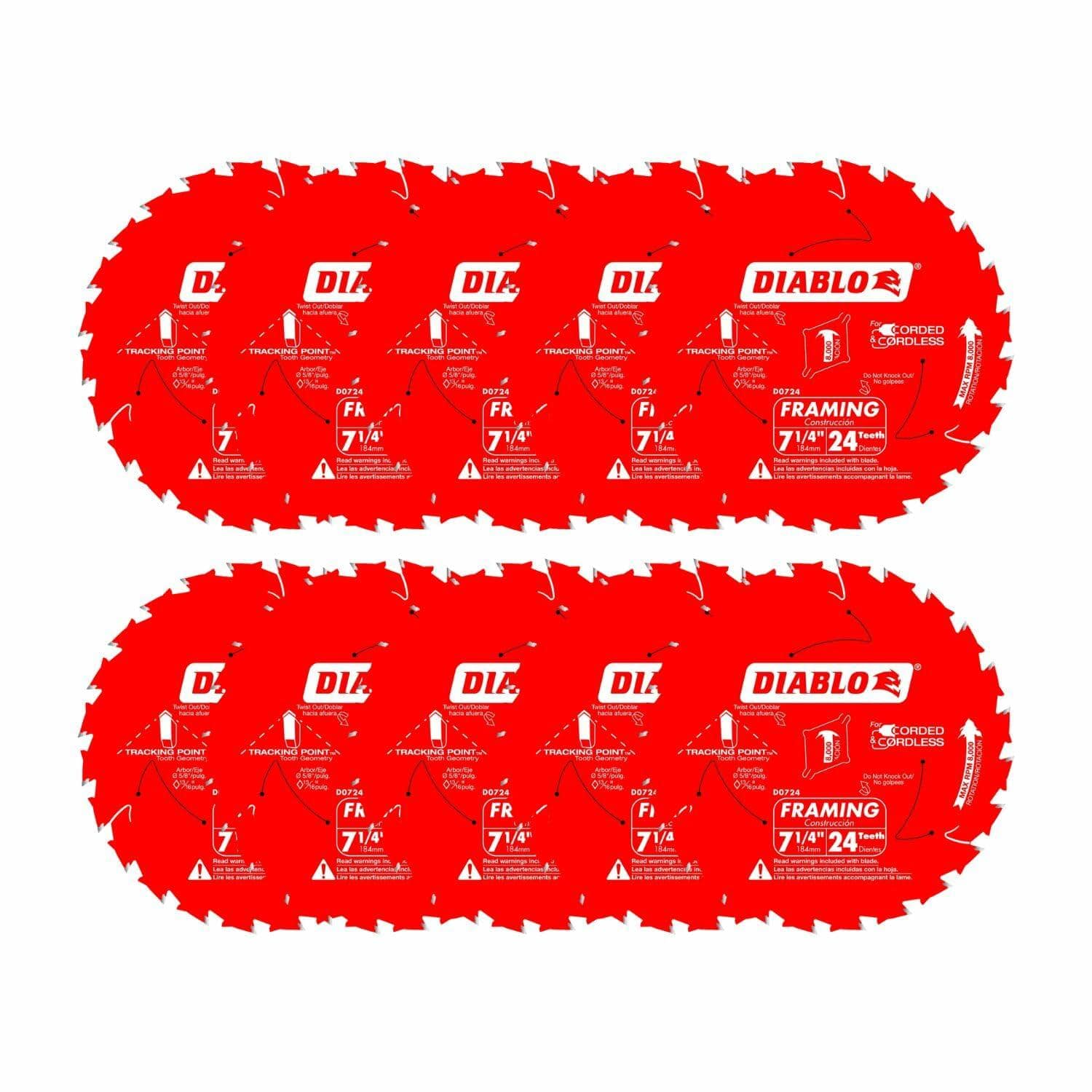  An arrangement of ten Diablo 7-1/4 inch framing saw blades, illustrating the contents of the 10-pack. The blades are labeled for framing and feature the Tracking Point tooth design.