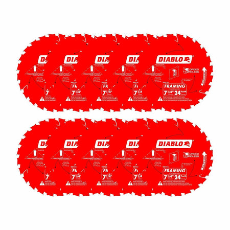  An arrangement of ten Diablo 7-1/4 inch framing saw blades, illustrating the contents of the 10-pack. The blades are labeled for framing and feature the Tracking Point tooth design.