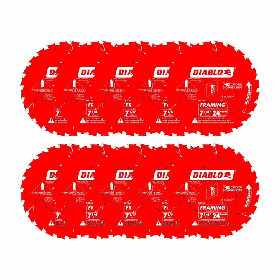  An arrangement of ten Diablo 7-1/4 inch framing saw blades, illustrating the contents of the 10-pack. The blades are labeled for framing and feature the Tracking Point tooth design.