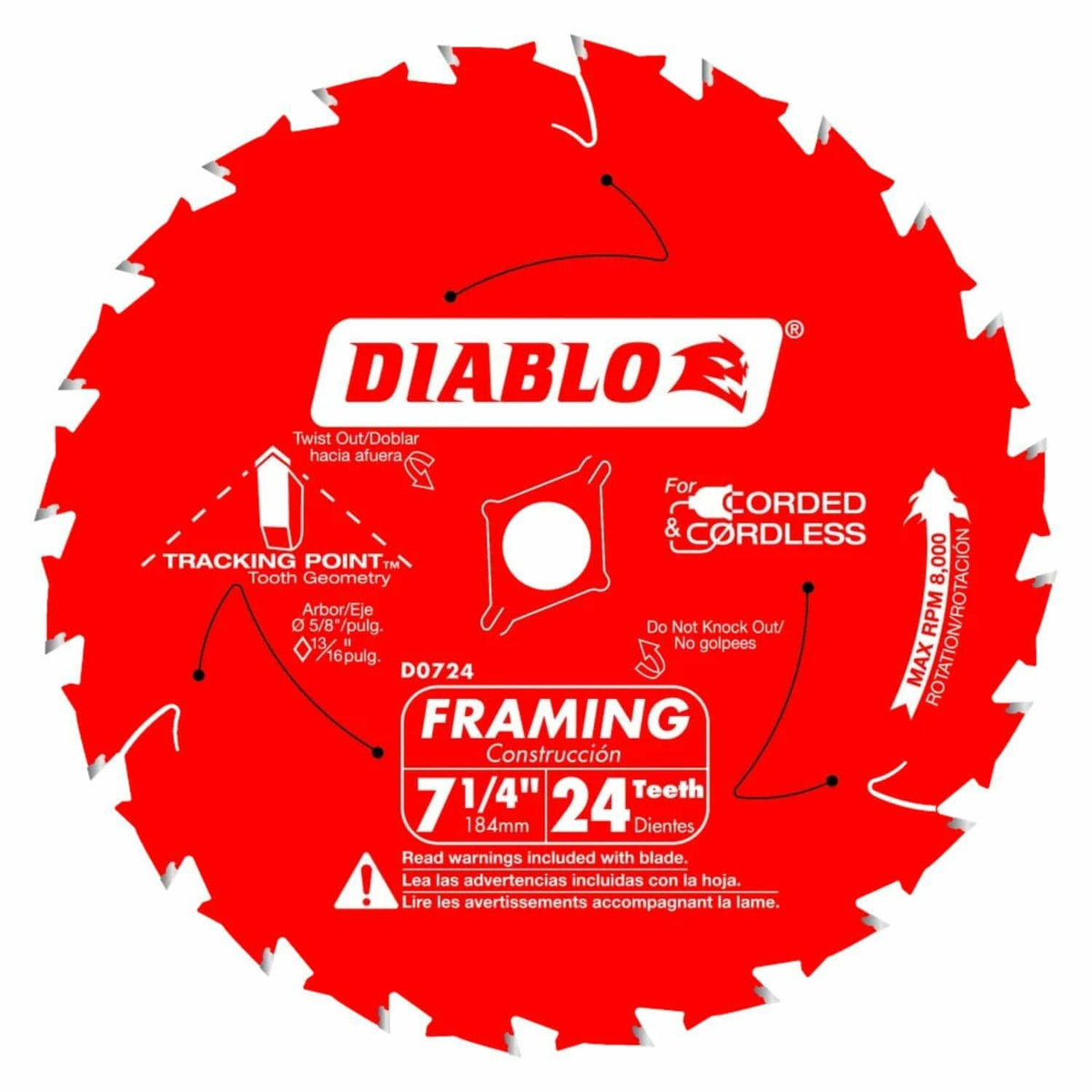 A detailed view of a single Diablo 7-1/4 inch framing saw blade, highlighting the 24-tooth count, the Tracking Point tooth geometry for straight cuts, and compatibility with both corded and cordless saws.
