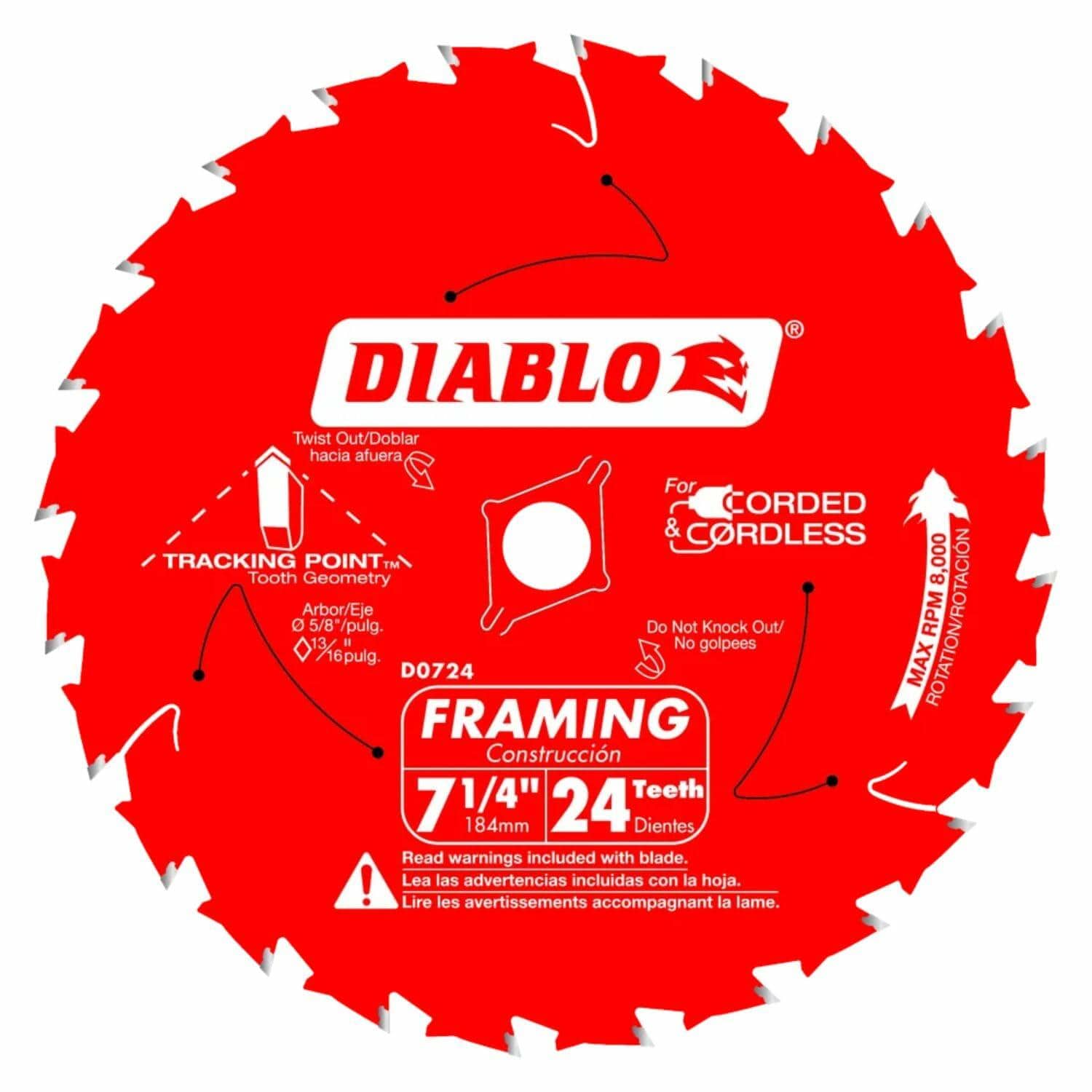 A detailed view of a single Diablo 7-1/4 inch framing saw blade, highlighting the 24-tooth count, the Tracking Point tooth geometry for straight cuts, and compatibility with both corded and cordless saws.