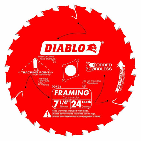 A detailed view of a single Diablo 7-1/4 inch framing saw blade, highlighting the 24-tooth count, the Tracking Point tooth geometry for straight cuts, and compatibility with both corded and cordless saws.