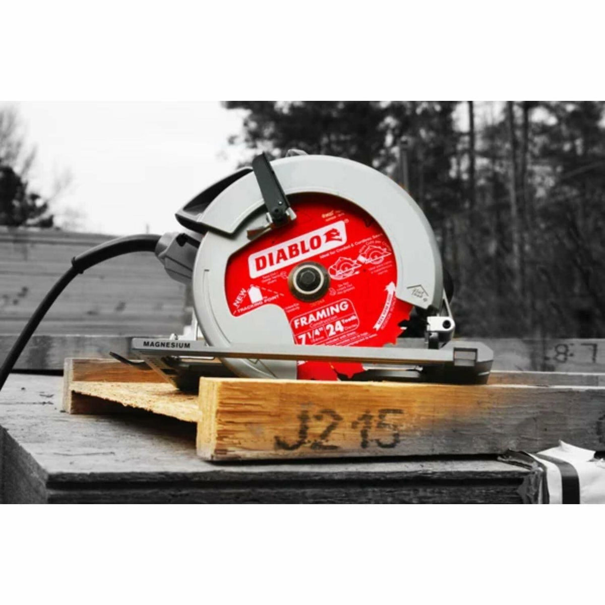The Diablo 7-1/4 inch 24-tooth framing saw blade installed in a circular saw, demonstrating its use for cutting lumber on a job site.