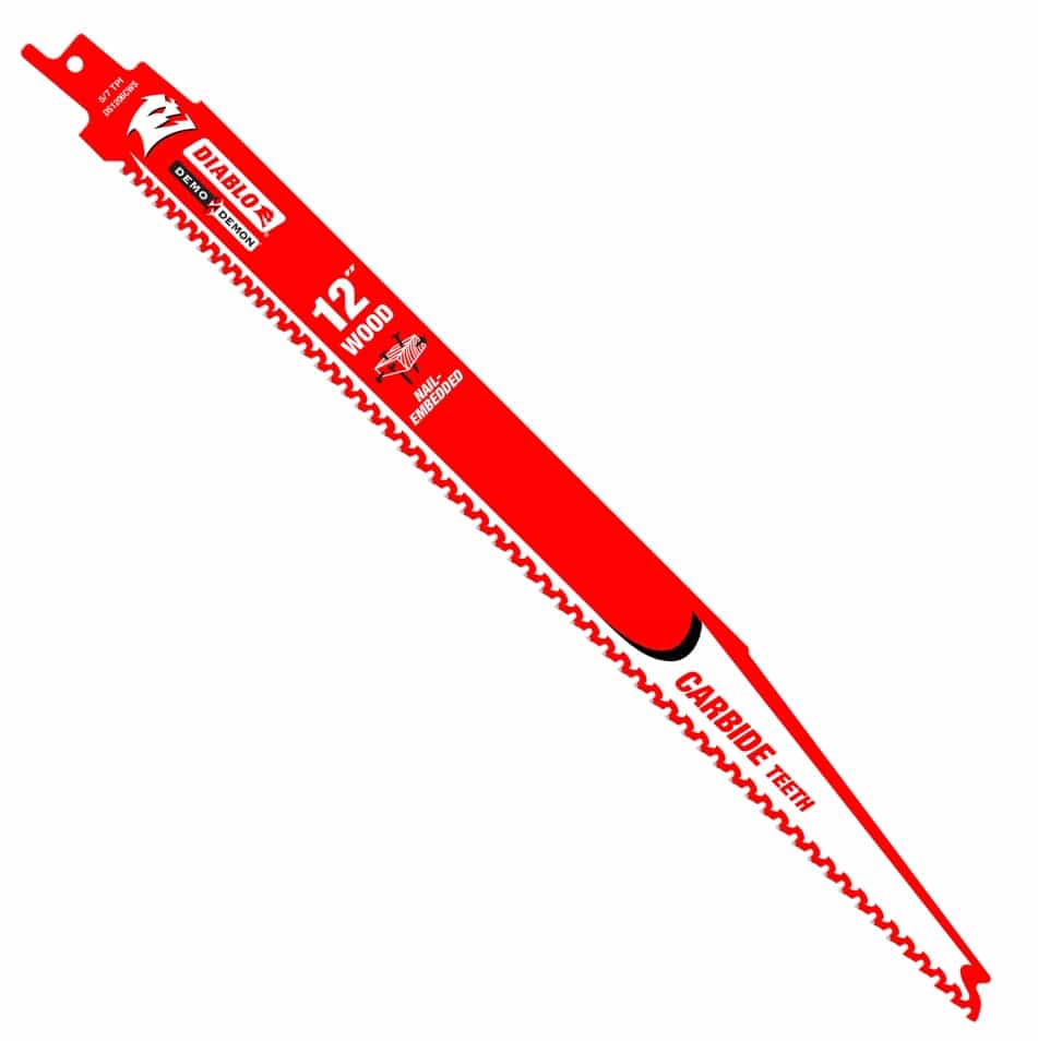 Single red Diablo Demo Demon reciprocating saw blade labeled for cutting nail-embedded wood; features carbide teeth and 12-inch length for demolition applications.