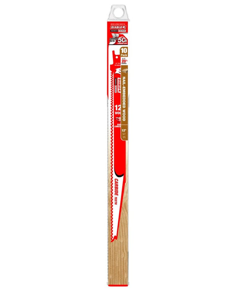 Retail packaging of Diablo Demo Demon 12-inch reciprocating blades showing 10-pack count, carbide teeth, and performance claims including 50x longer life and more cuts per charge.