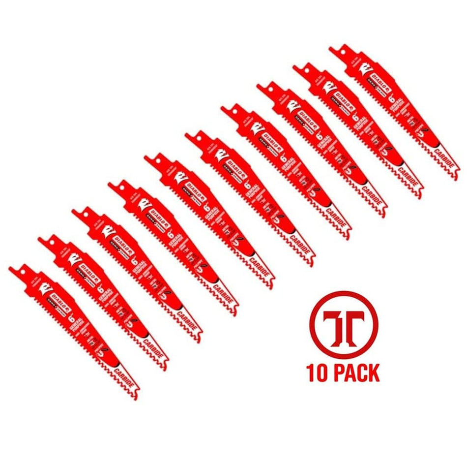 An arrangement of ten red Diablo Demo Demon 6-inch carbide reciprocating saw blades with the text '10 Pack' displayed, illustrating the quantity included.