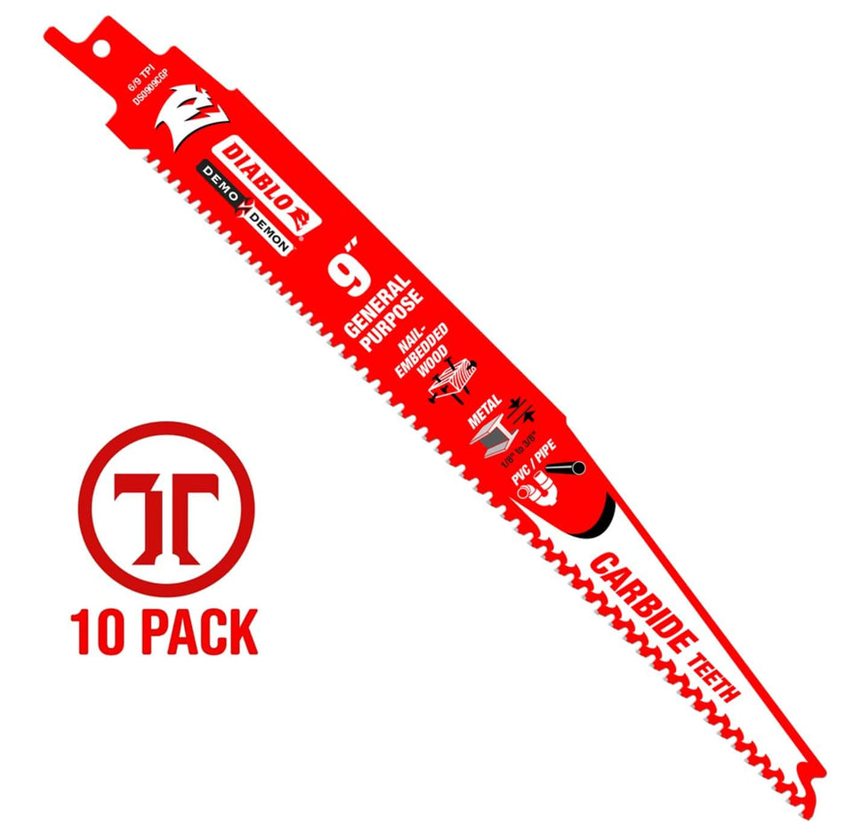 A high-resolution product photograph of a single 9 inch Diablo Demo Demon carbide teeth reciprocating saw blade. The red blade features white branding, highlighting the 6/9 TPI variable tooth design and its optimization for general purpose demolition in nail-embedded wood, metal, and PVC pipe. A red 10-pack logo is featured on the left to indicate the bulk product quantity.