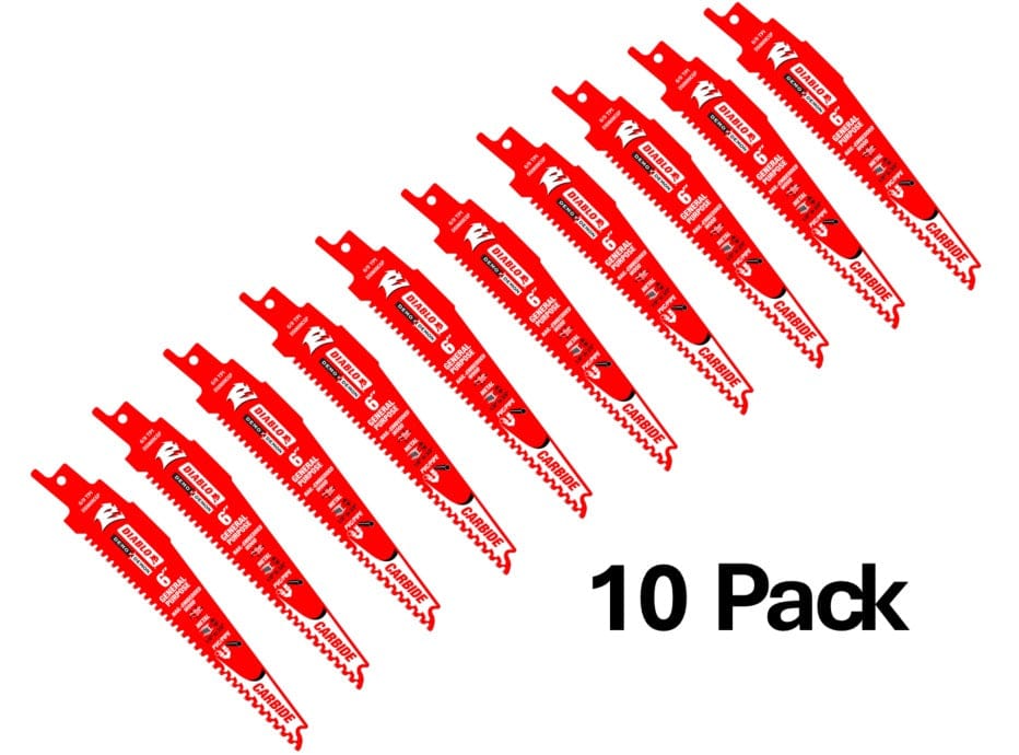 An arrangement of ten red Diablo Demo Demon 6-inch carbide reciprocating saw blades with the text '10 Pack' displayed, illustrating the quantity included.