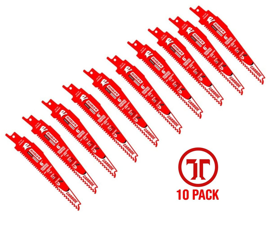 An arrangement of ten red Diablo Demo Demon 6-inch carbide reciprocating saw blades with the text '10 Pack' displayed, illustrating the quantity included.
