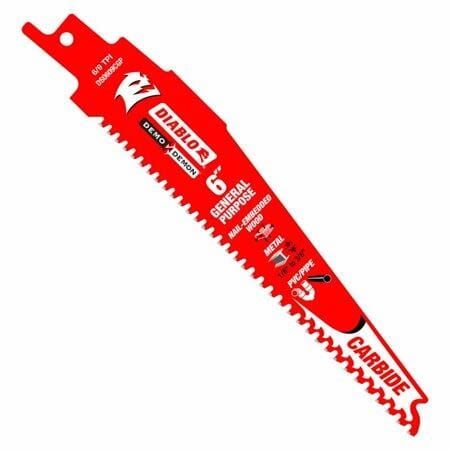 A single red Diablo Demo Demon 6-inch reciprocating saw blade, showing its variable tooth design, carbide-tipped teeth, and graphics indicating it cuts general purpose materials like nail-embedded wood and metal.