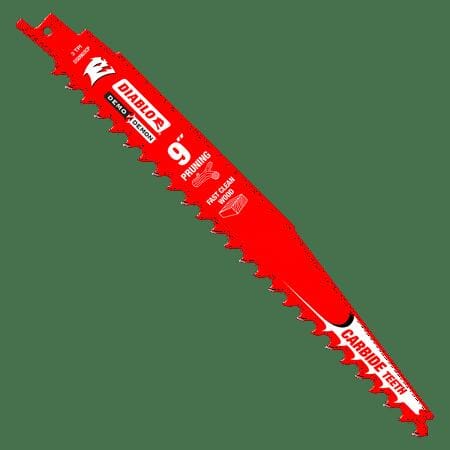 Close-up of a red Diablo Demo Demon 9-inch reciprocating saw blade labeled “CARBIDE TEETH” and “PRUNING.” The blade features large, aggressive teeth designed for fast, clean cuts in trees and wood. Branding includes “Diablo,” “Freud,” and model number “DS0903CP,” with icons and text indicating its suitability for pruning tasks.