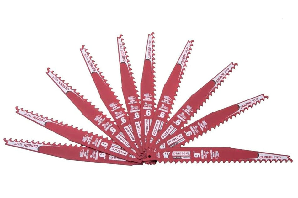 A 10-pack fan arrangement of red Diablo Demo Demon 9-inch reciprocating saw blades, showcasing the aggressive carbide teeth designed for extreme pruning and clean wood cutting.