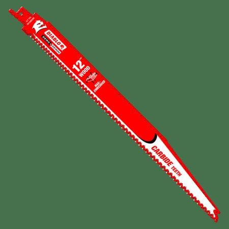 Close-up of a red Diablo Demo Demon 12-inch reciprocating saw blade labeled “CARBIDE TEETH” and “WOOD.” The blade is designed for high-performance cutting of wood, including nail-embedded materials. Branding includes both Diablo and Milwaukee logos, with specifications printed in white text along the blade’s surface