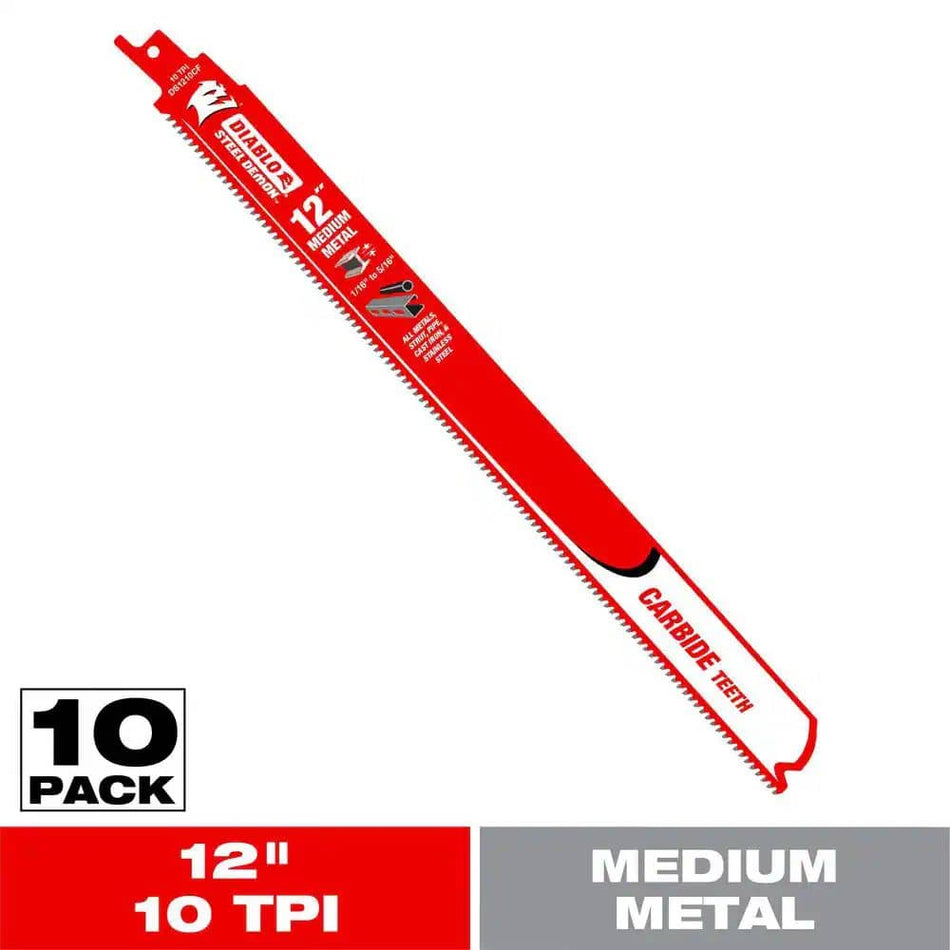 10 Pack Diablo Genuine 12in Carbide Reciprocating Saw Blades Perma-Shield Coating Medium Metal Cutting DS1210CF10