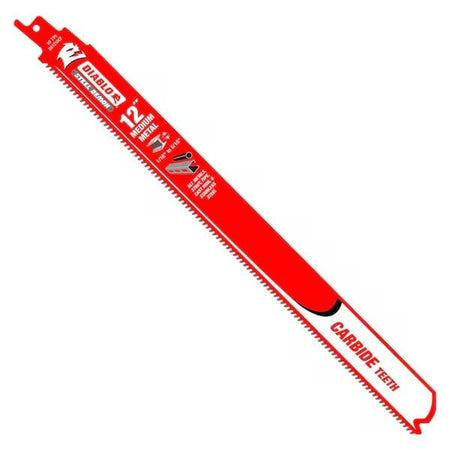 Close-up of a red Diablo 12-inch reciprocating saw blade labeled “CARBIDE TEETH,” “MEDIUM METAL,” and “10 TPI.” The packaging highlights the blade’s Perma-Shield coating and suitability for cutting metal pipes and other medium metal materials. White and black text and icons emphasize its durability and cutting performance.