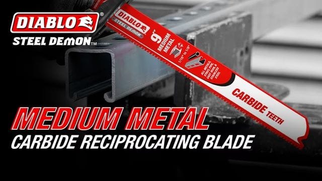 Promotional image of a Diablo Steel Demon 9-inch reciprocating saw blade in use, cutting through a metal beam. The blade is labeled “CARBIDE TEETH” and “MEDIUM METAL,” showcasing its strength and efficiency in demanding metal-cutting applications.