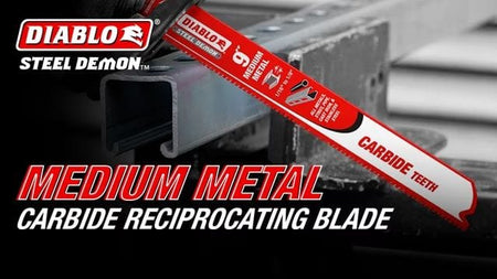 Promotional image of a Diablo Steel Demon 9-inch reciprocating saw blade in use, cutting through a metal beam. The blade is labeled “CARBIDE TEETH” and “MEDIUM METAL,” showcasing its strength and efficiency in demanding metal-cutting applications.