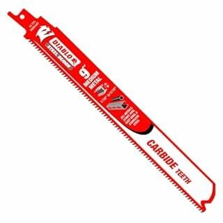 Close-up of a red Diablo Steel Demon 9-inch reciprocating saw blade labeled “CARBIDE TEETH” and “MEDIUM METAL.” The blade features 10 TPI (teeth per inch) and is designed for extreme metal cutting applications, including pipe, conduit, angle iron, and rebar. Product branding and specifications are printed in white and black text on the blade’s surface.