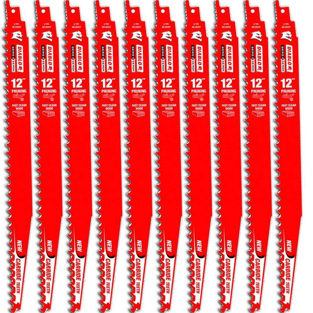 Ten red Diablo Demo Demon 12-inch pruning blades displayed vertically side by side. Each blade is labeled “PRUNING,” “FAST CLEAN CUT,” and “CARBIDE TEETH,” with bold branding and specifications printed in white. The arrangement highlights the product’s aggressive tooth design and suitability for cutting tree limbs and branches.