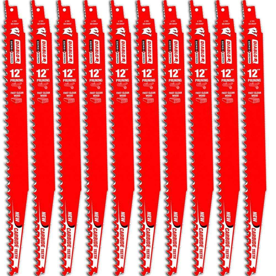 Ten red Diablo Demo Demon 12-inch pruning blades displayed vertically side by side. Each blade is labeled “PRUNING,” “FAST CLEAN CUT,” and “CARBIDE TEETH,” with bold branding and specifications printed in white. The arrangement highlights the product’s aggressive tooth design and suitability for cutting tree limbs and branches.