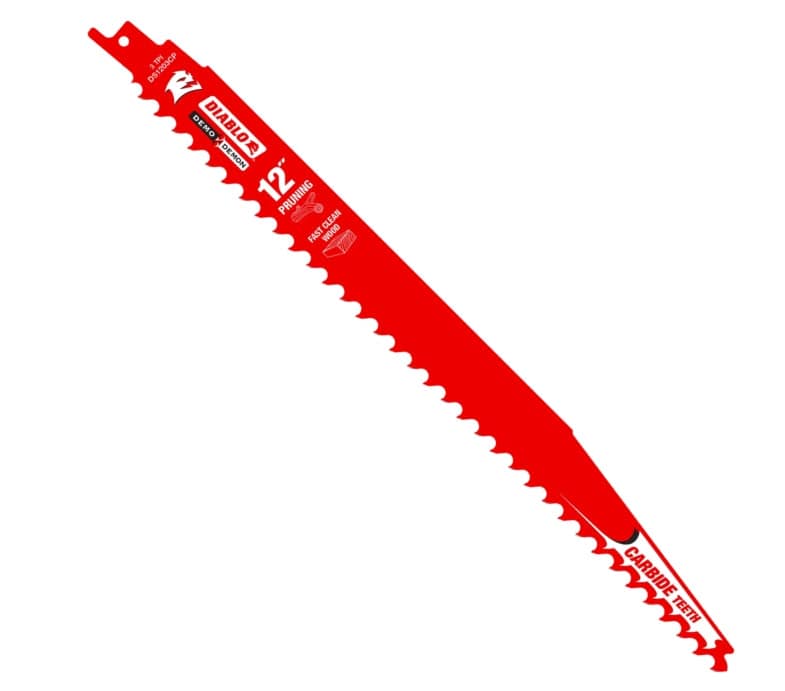 Close-up of a red Diablo Demo Demon 12-inch reciprocating saw blade labeled “CARBIDE TEETH,” “NAIL-EMBEDDED WOOD & DEMO,” and model number “DS1203CP.” The blade features large, aggressive teeth designed for fast pruning and demolition tasks. Branding and specifications are printed in white text, emphasizing durability and cutting performance.