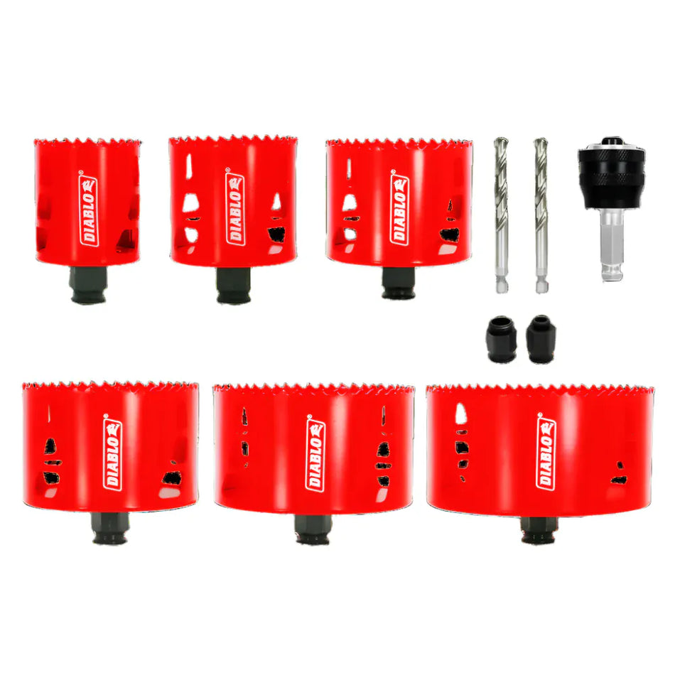 The image displays a set of six red Diablo bi-metal hole saws of varying diameters, each with the white "DIABLO" logo on its side and a black base. The set also includes two drill bits, two black plastic components, and a black and silver arbor with a chuck.