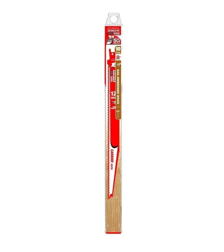 The image shows a clear plastic package containing a 10-pack of bright red Diablo Demo Demon 12-inch reciprocating saw blades for wood. The packaging highlights the blades' carbide teeth and their ability to cut through nail-embedded wood.