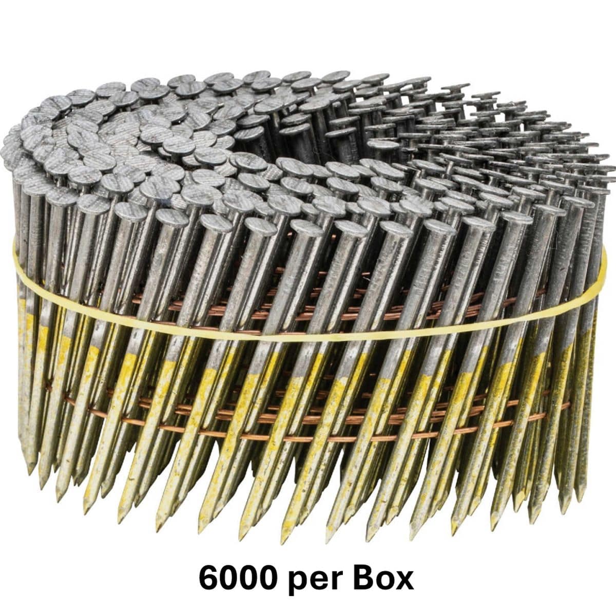 A tightly wound coil of 1-7/8 inch by .092 15-degree siding nails featuring smooth shanks and a hot galvanized coating for superior exterior rust protection.