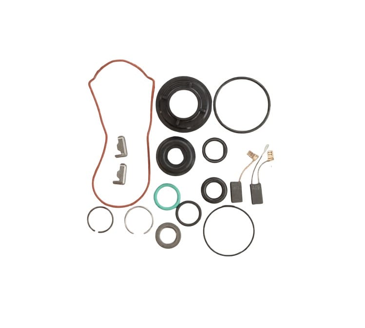 A complete mechanical seal kit containing various black rubber O-rings, a large red rubber gasket, metal clips, and small electrical contact pieces, arranged neatly on a solid white background.