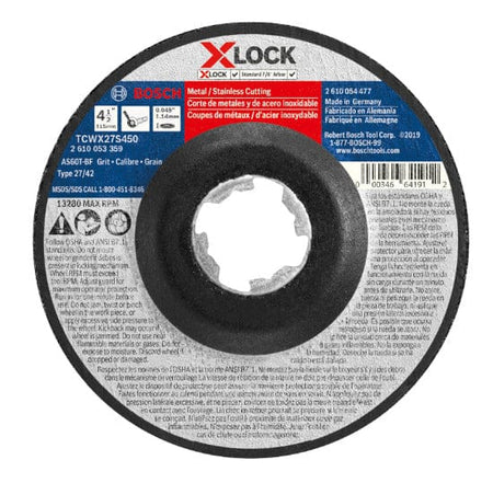 This is a circular grinding or cutting disc, primarily grey with a black hub in the center. The disc is covered in various product information, including the "BOSCH" and "X-LOCK" logos at the top, along with specifications like "Metal / Stainless Cutting" and safety warnings in multiple languages.
