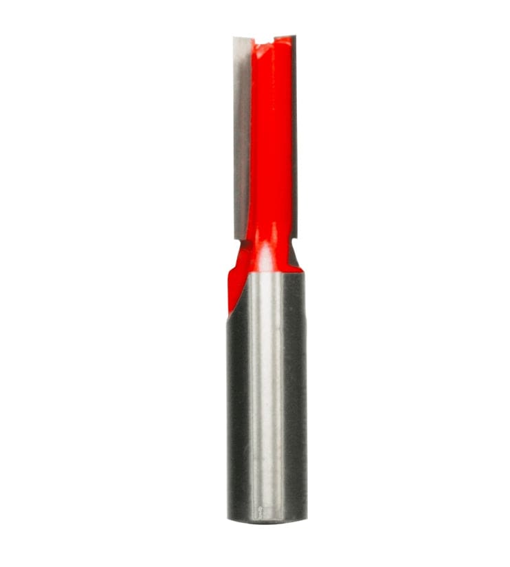 Studio product shot of the Freud 12-520 double flute straight router bit, featuring a silver 1/2-inch shank and a red Perma-SHIELD coated cutter head.