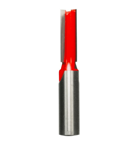 Studio product shot of the Freud 12-520 double flute straight router bit, featuring a silver 1/2-inch shank and a red Perma-SHIELD coated cutter head.