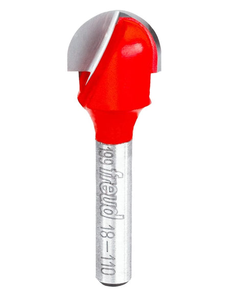 Studio product view of the Freud 18-110 router bit, featuring a 1/4 inch silver shank and a red Perma-SHIELD coated round nose cutting head with a 5/16 inch radius tip.