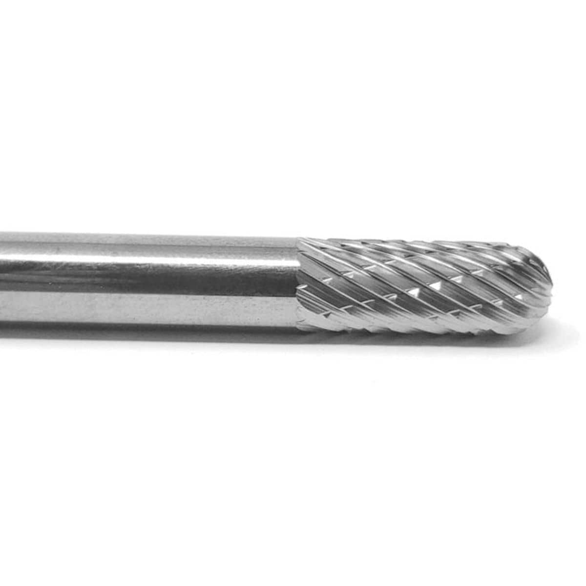 A three-quarter angle studio shot of the 1/2-inch cylindrical carbide burr, showing the double-cut head and a flat end.