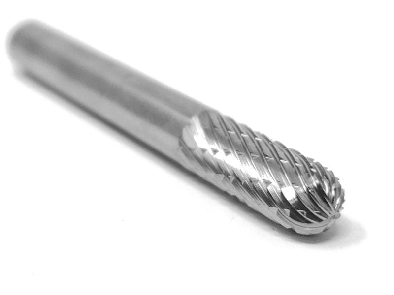 A three-quarter angle studio shot of the 1/2-inch double-cut carbide burr with a ball end.