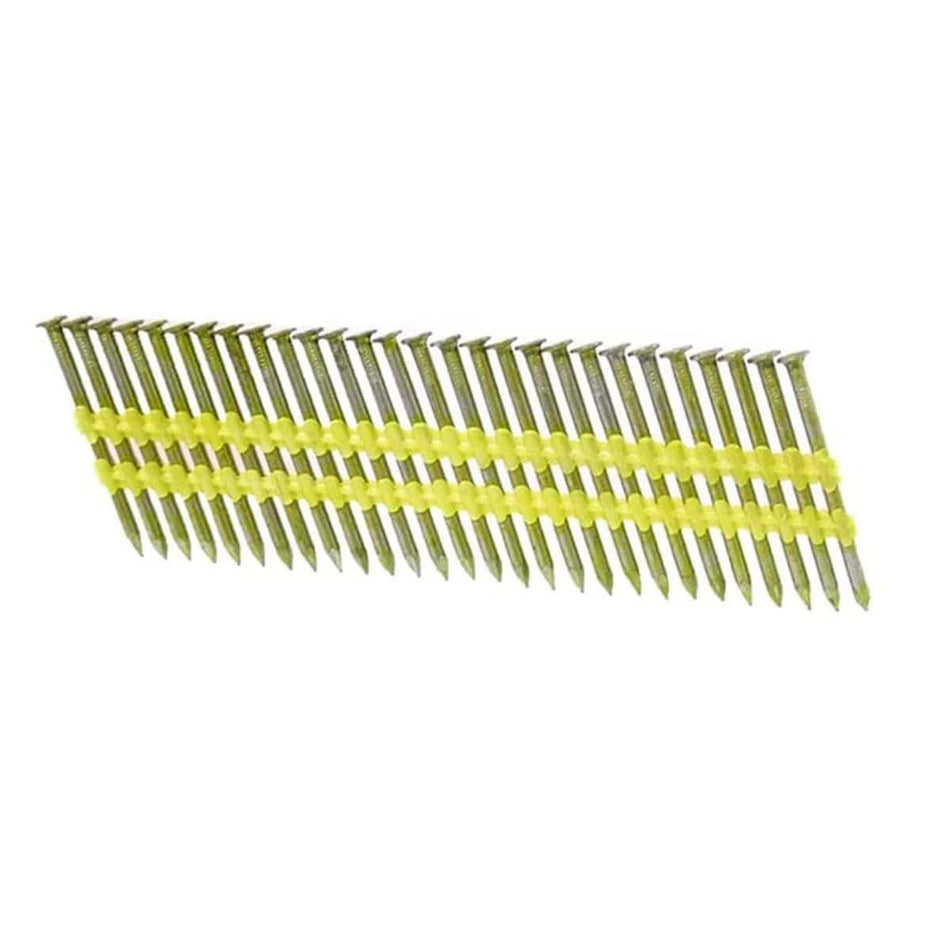 A studio photograph of a full strip of steel framing nails with screw-like ring shanks, collated at a 21-degree angle by a yellow plastic strip for use in pneumatic nailers.