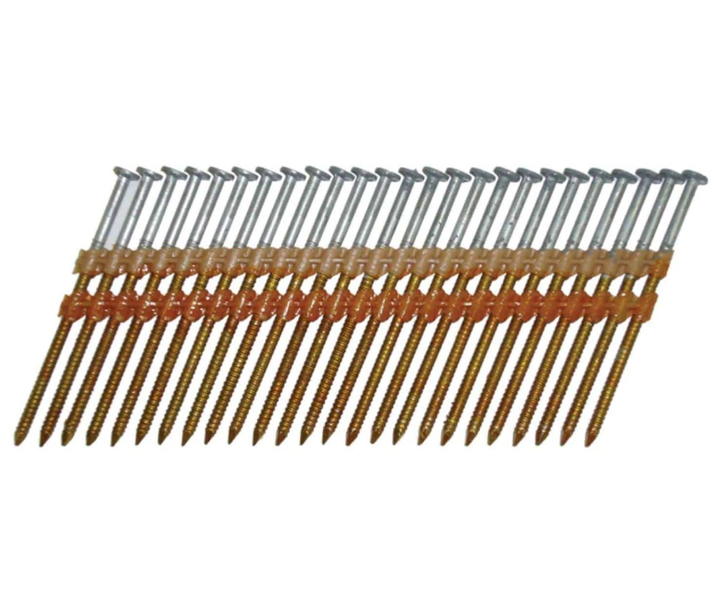A studio photograph showing five steel framing nails with ring shanks, featuring a 21-degree collation with orange plastic strips holding the fasteners in a staggered row.