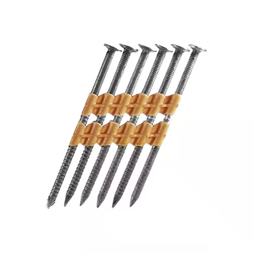 A studio photograph of six steel framing nails with ring shanks, held in a staggered 21-degree collation by two rows of orange plastic strips.
